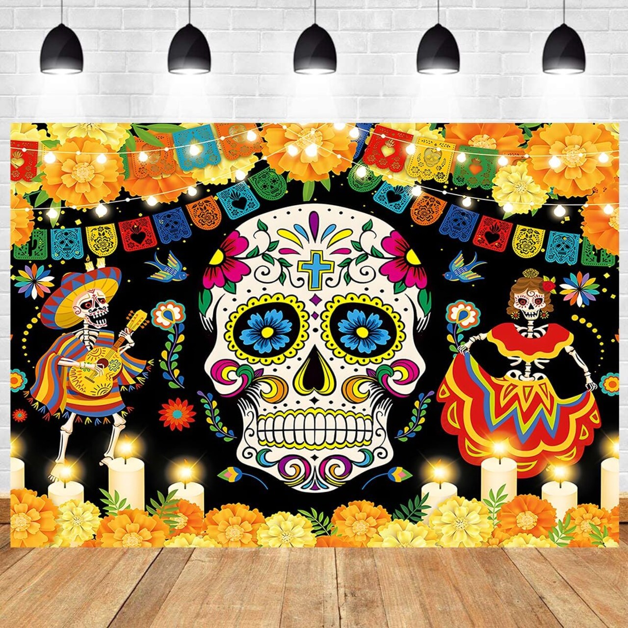 Day of The Dead Backdrop Mexican Fiesta Sugar Skull (Red, Marigold)